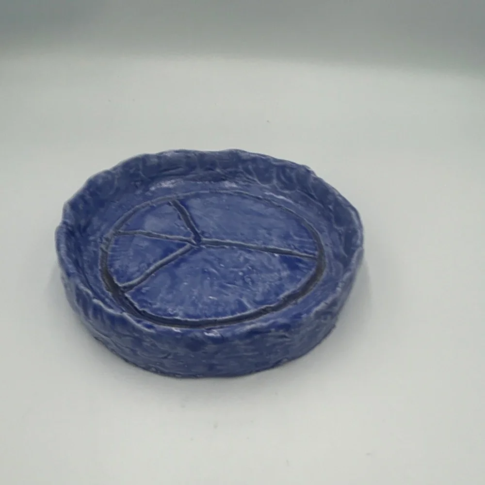 Blue Ceramic Trinket dish with Peace Symbol Theme, Round Collectible One-Piece